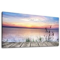 Large Wall Art for Living Room Peaceful Lake Sunset for Bedroom Wall Decor Contemporary Canvas Wall Art Nature Sunset Dock Flying Birds Grass Landscape for Home Office Decoration 24