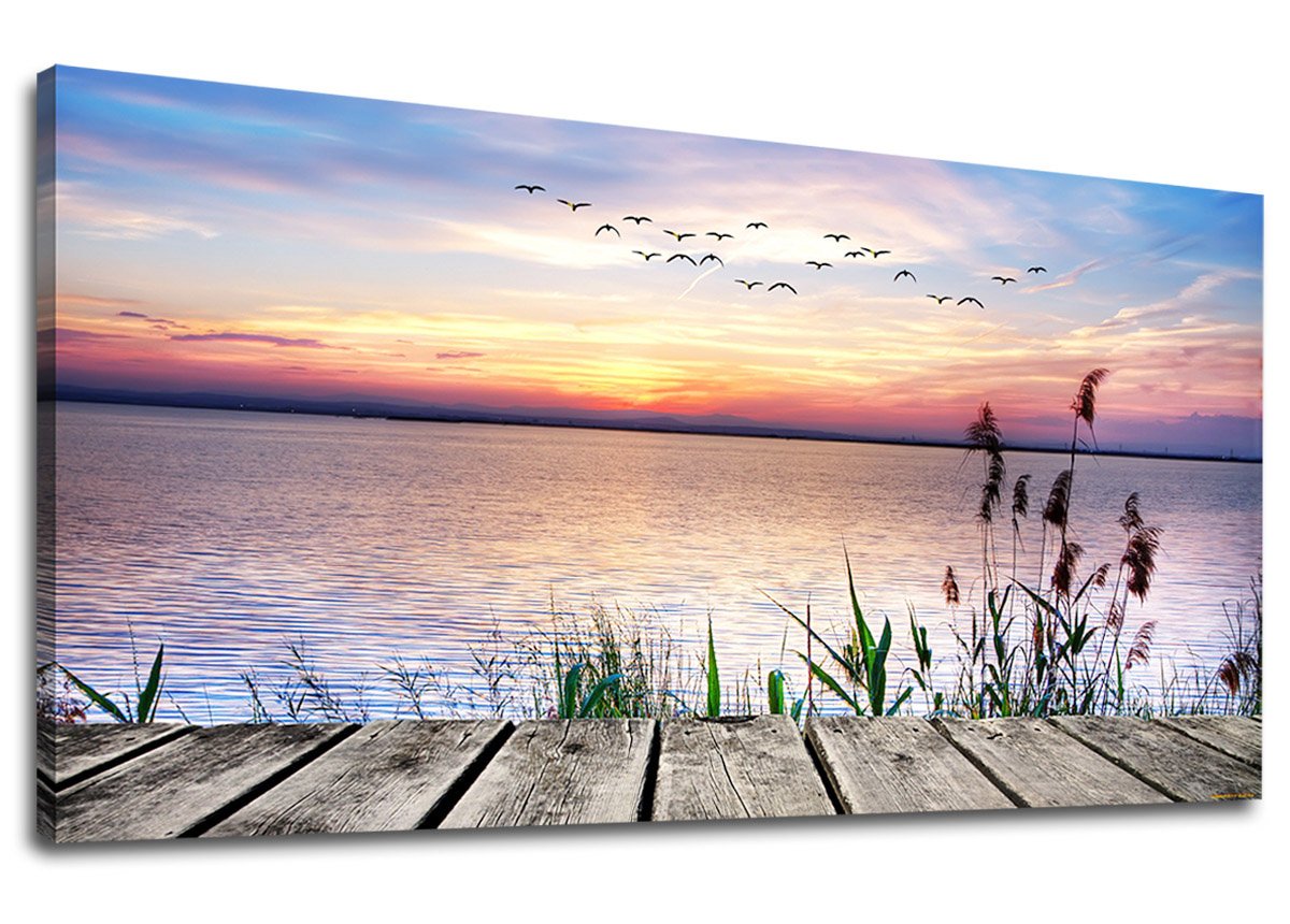 Large Wall Art for Living Room Peaceful Lake Sunset for Bedroom Wall Decor Contemporary Canvas Wall Art Nature Sunset Dock Flying Birds Grass Lands...