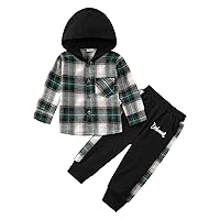 Toddler Boys Clothes Flannel Button Down Plaid Long Sleeve Hoodied Tops + Pants Kids 2pcs Spring Fall Outfits Set