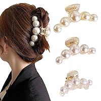 3 Pack White Pearl Hair Claw Clips, Non-slip Hair Jaw Clips, Big Medium Small Hair Clips Barrettes, Decorative Hair Accessories for Thick or Thin Hair Clamp for Women and Girls
