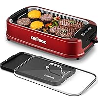 Indoor Grill, CUSIMAX Smokeless Grill Indoor, Electric Grill Griddle, 1500W Korean BBQ Grill with LED Smart Display & Tempered Glass Lid, Non-stick Removable Grill Plate & Griddle Plate, Red