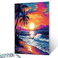 Paint by Number Beach Sea Sunset DIY Painting Canvas with Brushes Acrylic Paints Beachside Coconut Tree Sea Wave Colorful Sunset Paint by Numbers for Adults and Kids Beginner 16x20 Inch（DIY Frame）