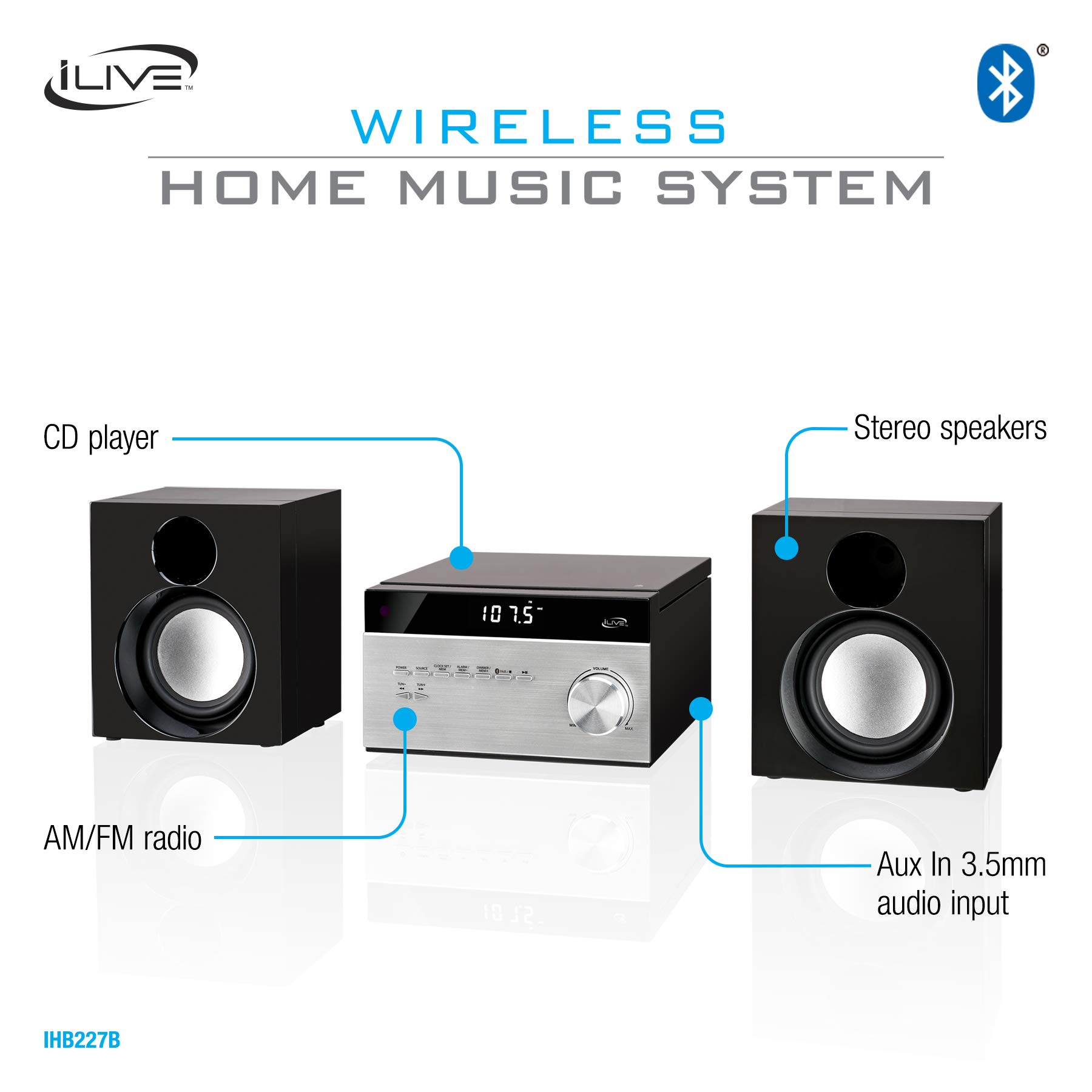iLive Wireless Home Stereo System, with CD Player and AM/FM Radio, Includes Remote Control (iHB227B),Black/Silver