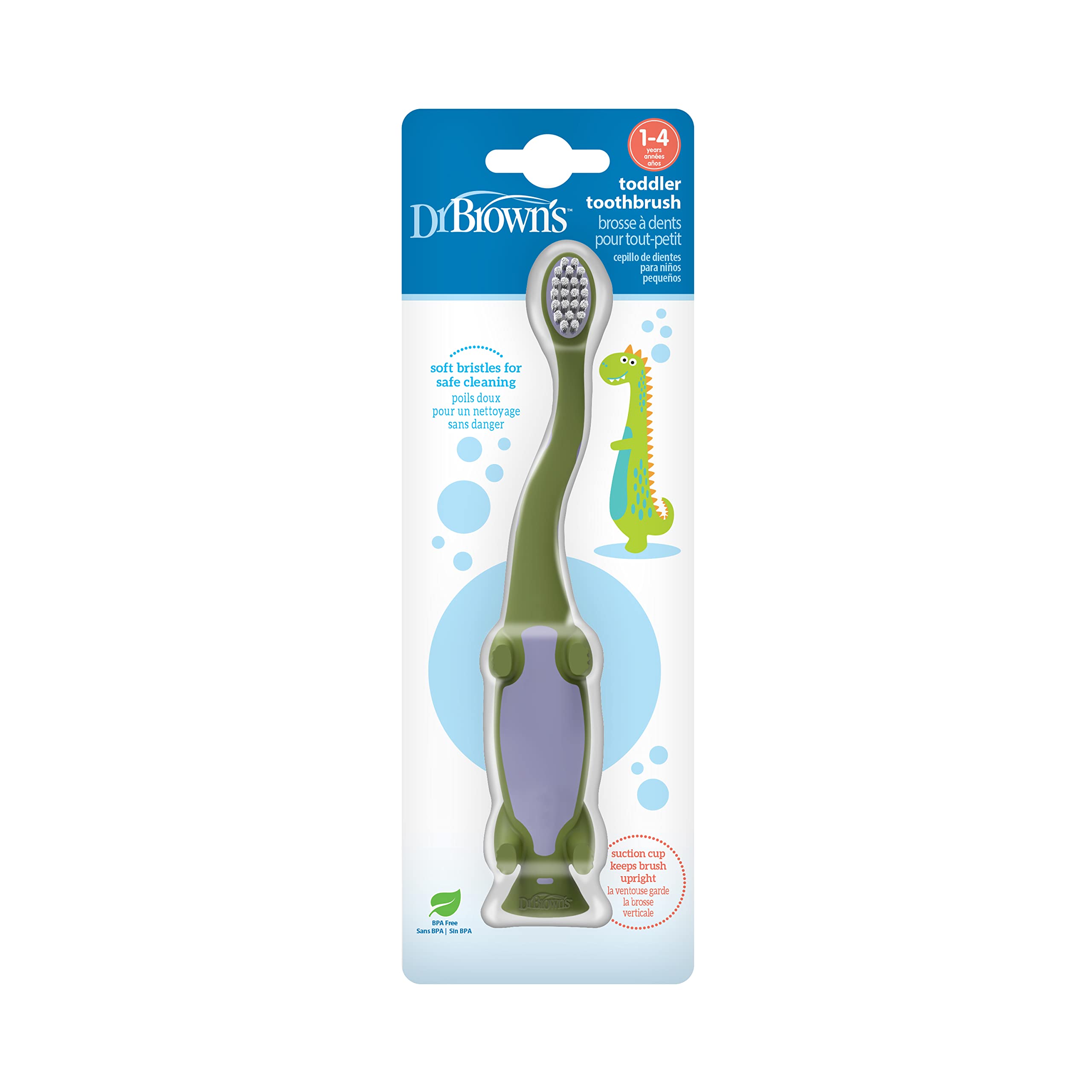 Dr. Brown's Baby and Toddler Toothbrush, Green Dinosaur 1-Pack, 1-4 Years