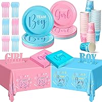 55 Set Gender Reveal Party Supplies Boy or Girl Tableware Set Include Cutlery, Tablecloth, Banner, Napkins, Wooden Letter Table Signs Baby Party Decorations for Baby Shower Birthday Gifts
