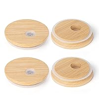 sungwoo Bamboo Lids with Straw Hole, Reusable Wooden Lids for Glass Cups, 2.76inch/70mm Canning Lids with Silicone Ring for Regular Mouth Drinking Jars, Replacement Bamboo Lids for Beer Glasses 4 PCS