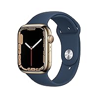 Apple Watch Series 7 [GPS + Cellular 45mm] Smart Watch w/Gold Stainless Steel Case with Abyss Blue Sport Band. Fitness Tracker, Blood Oxygen & ECG Apps, Always-On Retina Display, Water Resistant