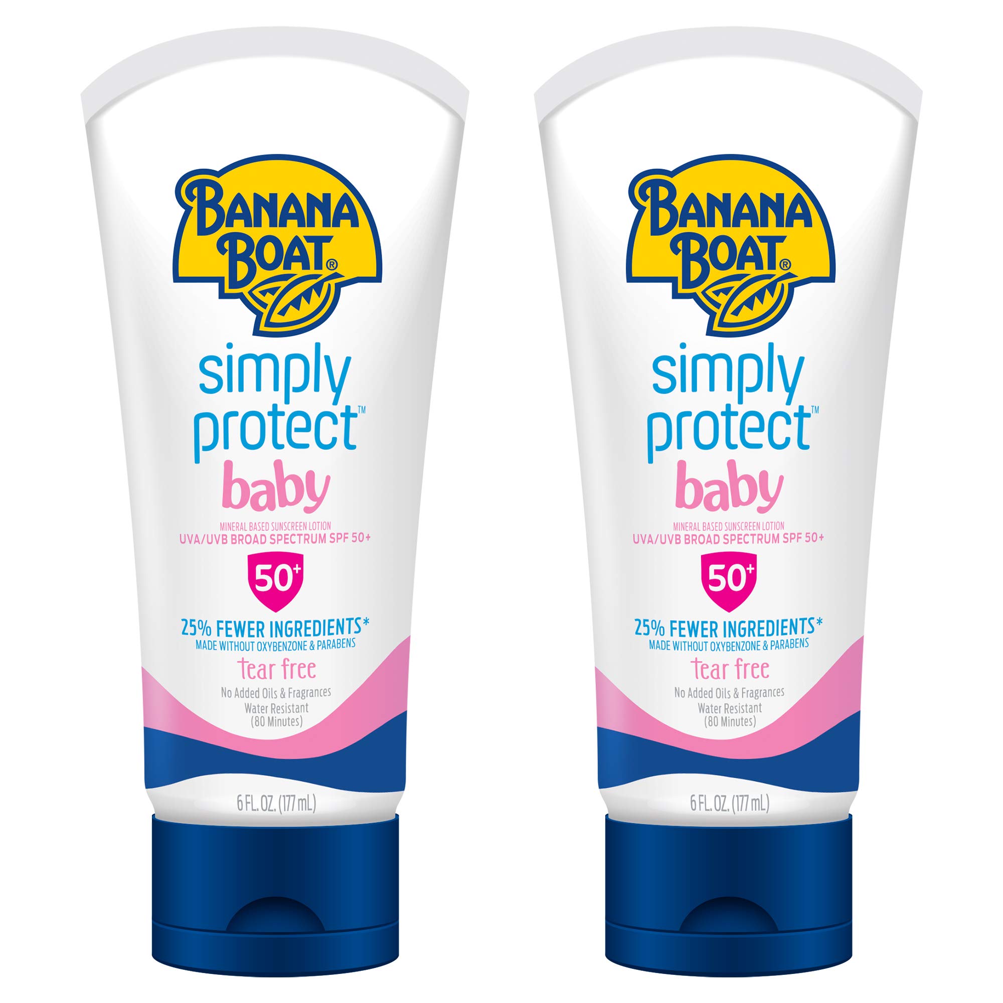 Banana Boat Baby 100% Mineral, Tear-Free, Reef Friendly, Broad Spectrum Sunscreen Lotion, SPF 50, 6oz. , 2 Count (Pack of 1)