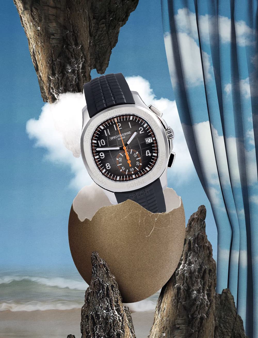TACTO Specht&Sohne Men's Quartz Watches for Men Chronograph Display Waterproof 42mm Steel Sports Watches Luminous Rubber Strap Waterproof Analogue Wrist Watch