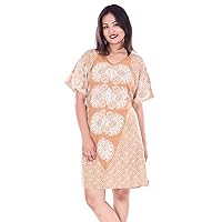Indian 100% Cotton Women Evening Short Dress Plus Size Round Print Beige Color
