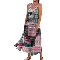Casual Sun Dress Vintage Dress for Women Fashion Print Casual Loose Flowy Beach Dresses Sleeveless U Neck Linen Dress with Pockets Pink XX-Large