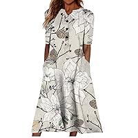 Floral Summer Dresses for Women 2023,Loose A-Line Flowy V-Neck Short-Sleeve House Dress,Button Down Swing Dress with Pockets