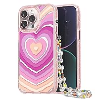 Compatible for iPhone 14 Pro Case Cute Aesthetic - Glitter Pink Phone Case with Camera Protector - Girly Love Waves Pattern Print Cover with Wrist Strap Design for Woman Girl 6.1