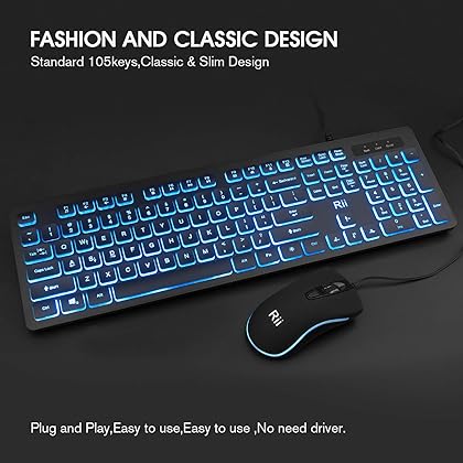 Rii Three Colors Backlit Business Keyboard,Gaming Keyboard and Mouse Combo,USB Wired Keyboard,RGB Optical Mouse for Gaming,Business Office