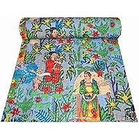Sophia-Art Indian King/Twin Handmade Cotton Bohemian Blanket Coverlet Throw Angel Printed Bedspread Kantha Quilted Bed Kantha Ethnic Decor Work Quilt