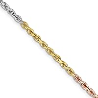 Solid Gold 14K Tri-colored 2.5mm Diamond-cut Rope with Lobster Lock Chain -16.0