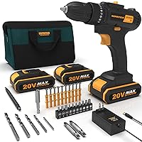 INSPIRITECH 20V Cordless Drill with 2 Batteries, Charger and 13'' Tool Bag, 3/8 Inch Chuck, Variable Speed, 25+1 Torque Setting with LED Work Light and Accessories