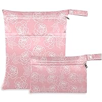 visesunny Contour Lines White Abstract Flower Pink Pattern 2Pcs Wet Bag with Zippered Pockets Washable Reusable Roomy for Travel,Beach,Pool,Daycare,Stroller,Diapers,Dirty Gym Clothes, Wet Swimsuits, T