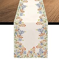 Watercolor Wildflower Wreath Table Runner, Seasonal Spring Summer Bluebonnets Holiday Kitchen Dining Table Decoration for Indoor Outdoor Home Party Decor 13 x 70 Inch