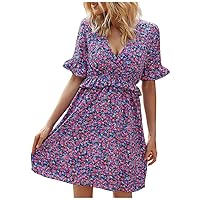 Off Shoulder Semi Formal Floral V-Neck Casual Women Ruffles Dress Short Sleeve Print Women's Dress