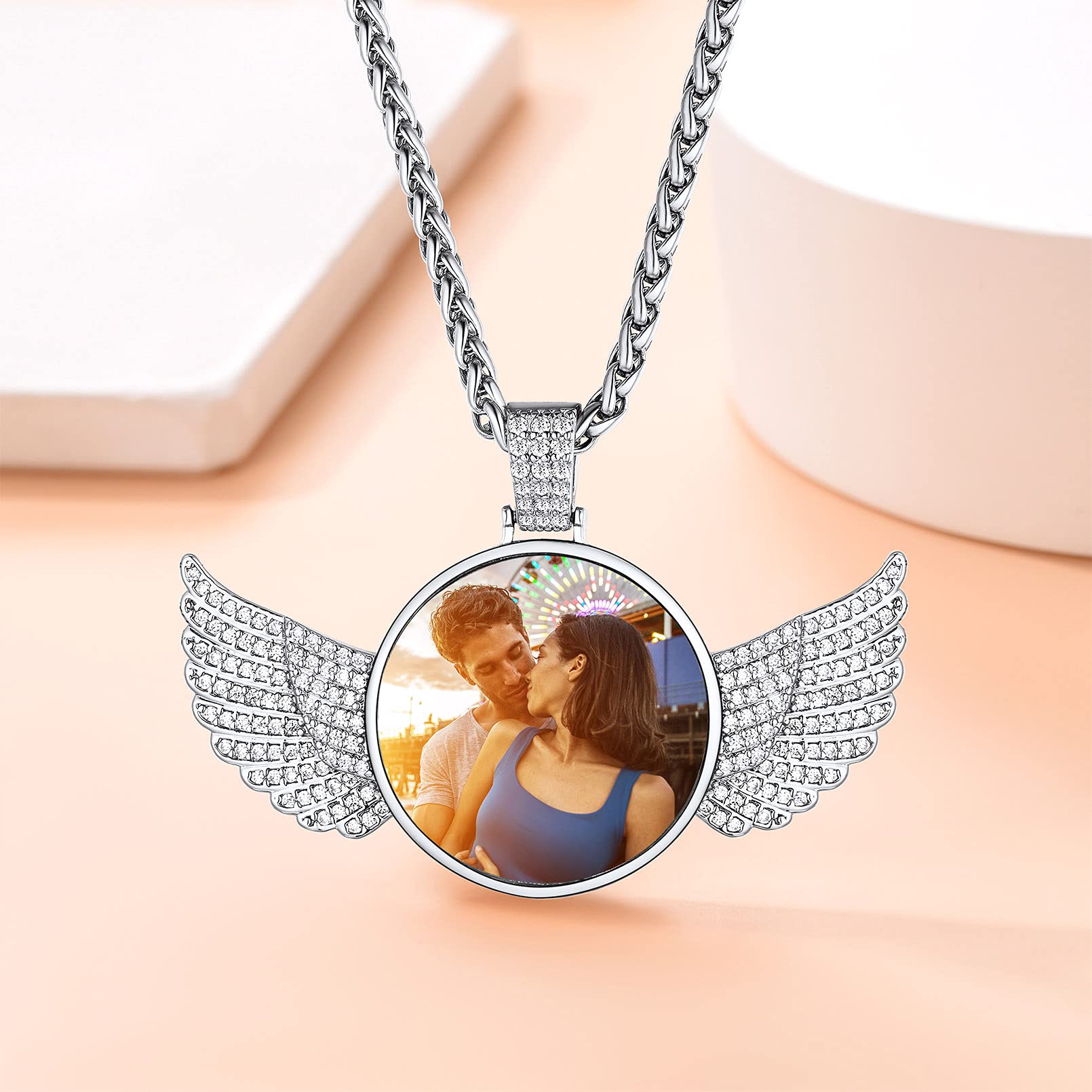 Custom4U Picture Necklace Personalized Photo for Men Women 18K Gold Plated/Black AAA CZ Angel Wings/Heart Medallion Customized Photo Memory Iced Out Pendant Chain 18-30 Inches,Hip Hop Jewelry+Gift Box