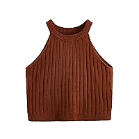SweatyRocks Women's Knit Crop Top Ribbed Sleeveless Halter Neck Vest Tank Top Brown L