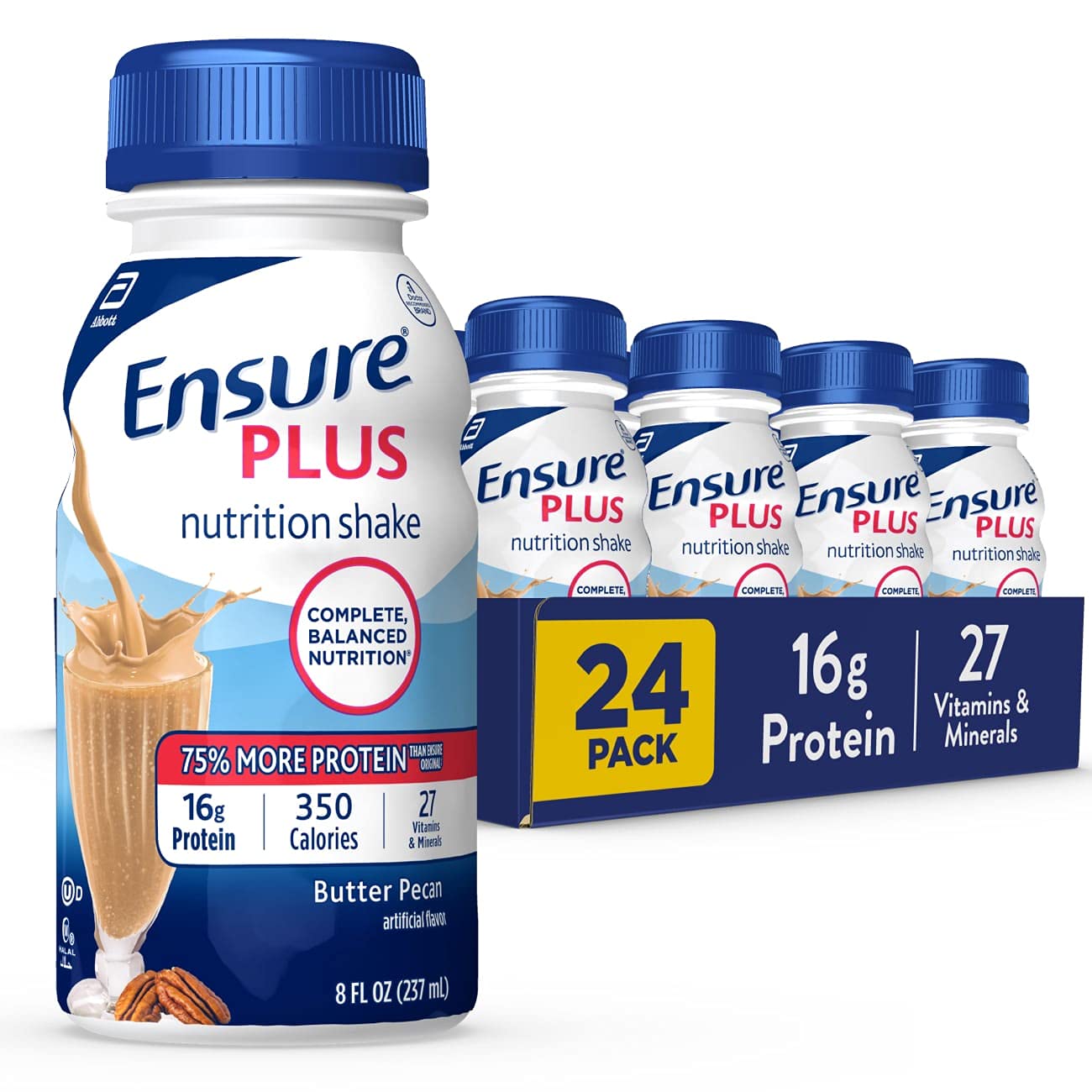 Ensure Plus Nutrition Shake with 16 grams of protein, Meal Replacement Shakes, Butter Pecan, 8 fl oz, 24 count