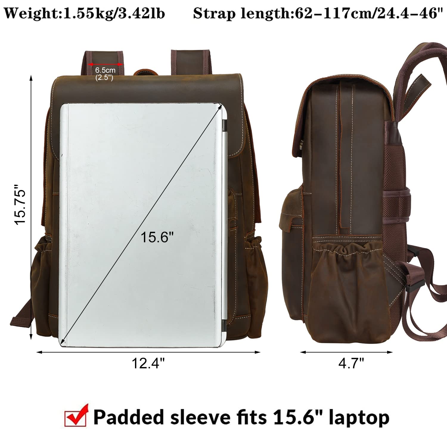 Vintage Full Grain Leather 15.6 Inch Laptop Backpack for Men Casual Business Travel Rucksack Work Bag Daypack Brown, Large