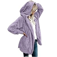 Womens Comfy Fuzzy Sherpa Cardigan Hoodies Oversized Fuzzy Fleece Outerwear with Pockets Faux Fur Winter Coats