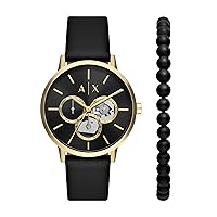 A｜X ARMANI EXCHANGE Men's Multifunction Black Leather Watch & Black Onyx Beaded Bracelet Gift Set (Model: AX7146SET)