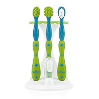 Nuby 4-Stage Oral Care Set with 1 Silicone Finger Massager, 2 Massaging Brushes, 1 Nylon Bristle Toddler Tooth Brush, Green/Aqua
