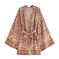 Floral Print Robes Kimonos Casual Streetwear 3/4 Sleeves Blusas Belt Bohemian Rayon Kimono Blusas Beach Robes