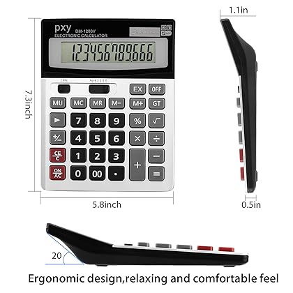 Desk Calculator 12 Digit Extra Large LCD Display, Touch Comfortable with Big Buttons, PXY Two Way Power Battery and Solar Standard Function Office Calculators