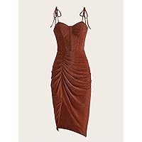 Women's Dress Dresses for Women Tie Shoulder Ruched Split Hem Glitter Cami Dress Dress (Color : Rust Brown, Size : Large)