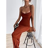 Dresses for Women Women's Dress Solid Tie Backless Ruched Dress Dresses (Color : Rust Brown, Size : Large)