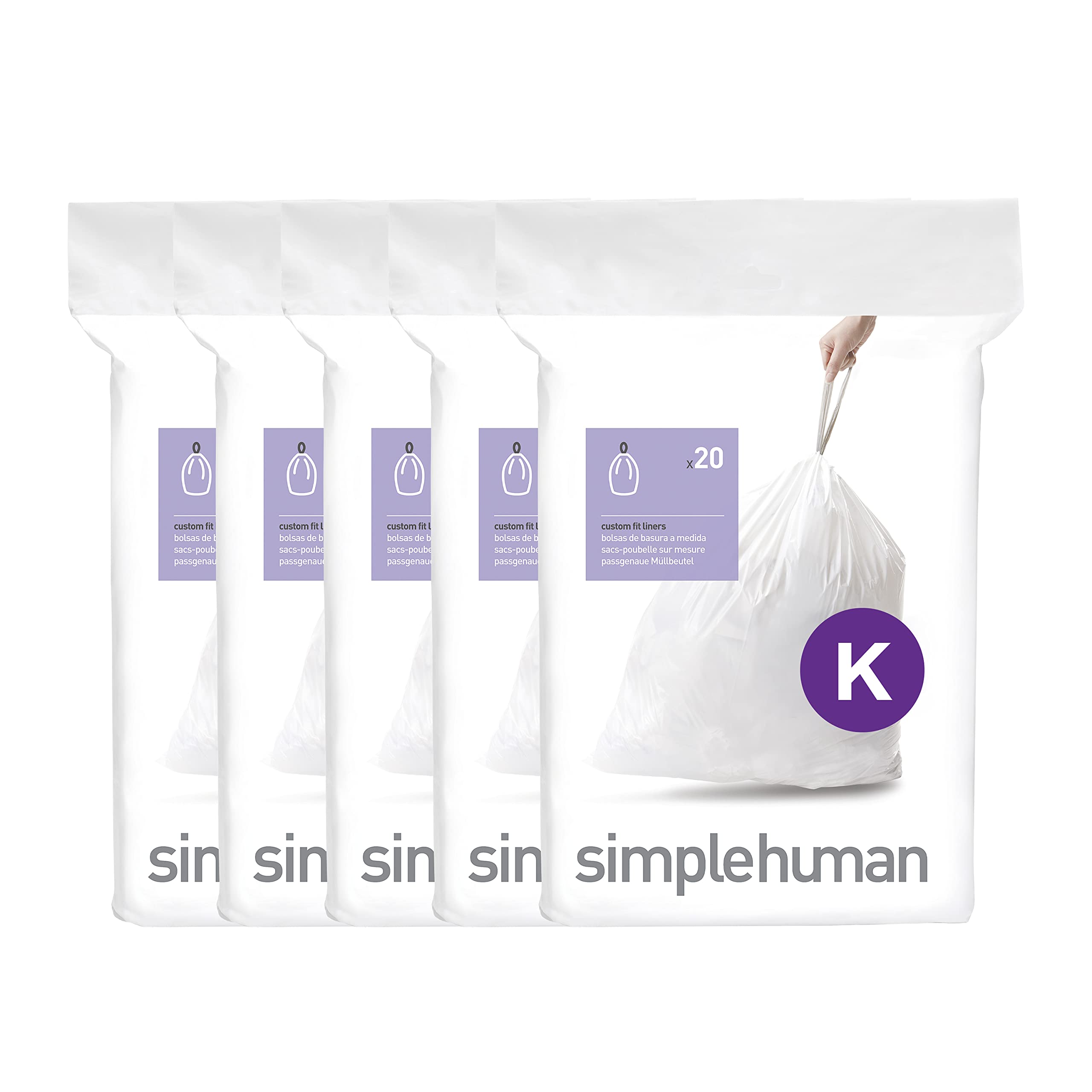 simplehuman Code K Custom Fit Drawstring Trash Bags in Dispenser Packs, 100 Count, 35-45 Liter / 9-12 Gallon, White