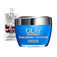 Regenerist Hyaluronic Acid + Peptide 24 Gel Face Moisturizer for All Day Skin Hydration, Fragrance-Free, 1.7 oz with Niacinamide, includes Olay Whip Travel Size for Dry Skin