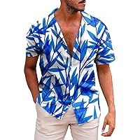 Summer Tops Mens Casual Plus Size Wedding Short Sleeve Polyester T Shirts Boxy Fit V Neck Button Cool Print Blouse Men Blue