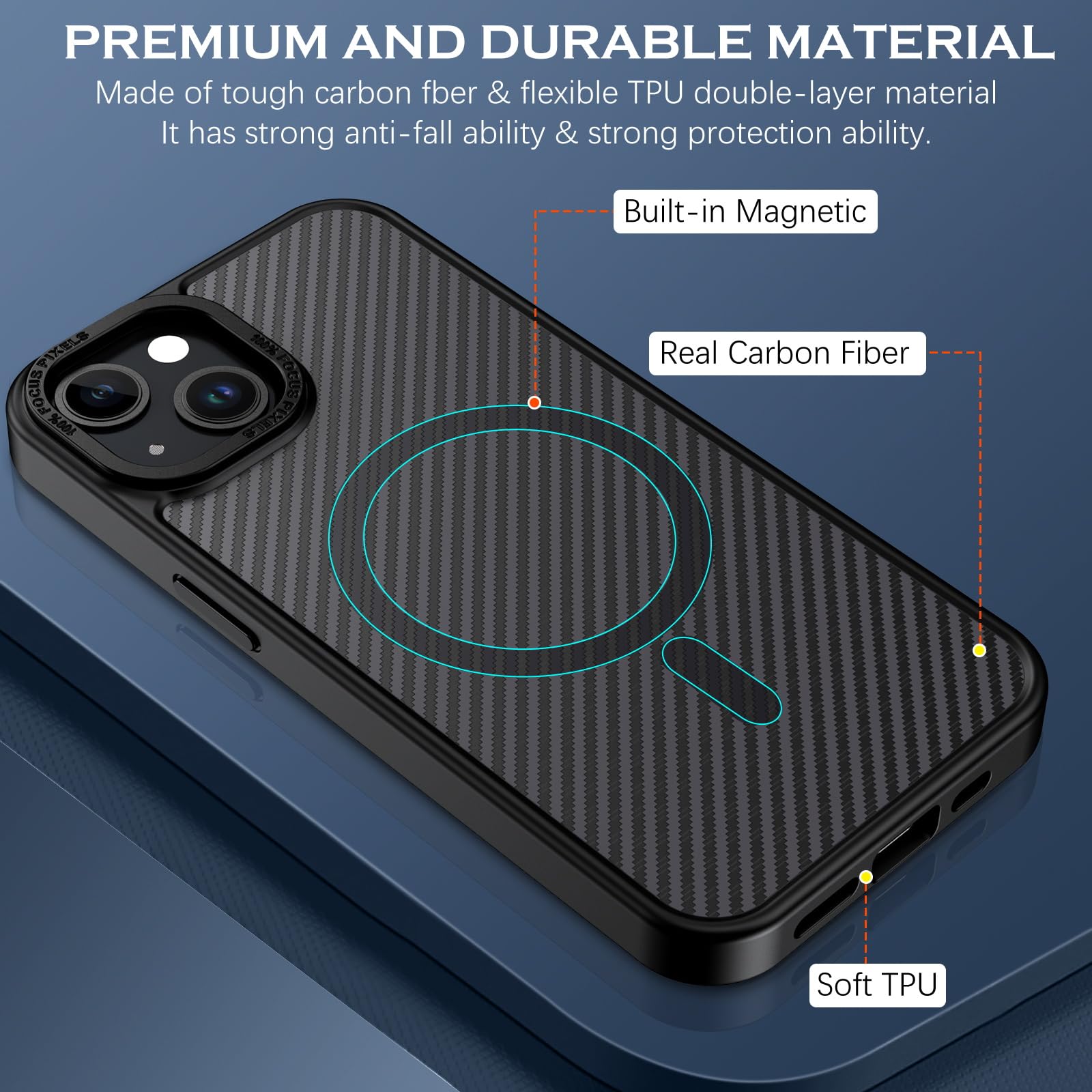 YINLAI Case for iPhone 14, [Compatible with Magsafe] Magnetic Carbon Fiber, Metal Lens Frame+Buttons, Support Wireless Charging Men Women Slim Shockproof Protective Phone Cover 6.1 Inch 2022, Black
