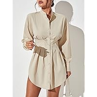 Dresses for Women Drop Shoulder Fold Pleated Shirt Dress (Color : Apricot, Size : XX-Small)