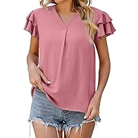 Blouses for Women Dressy Casual,Womens Short Sleeve T Shirts Summer Ruffle Plain Round Neck Loose Fit Tee Blouse Tops