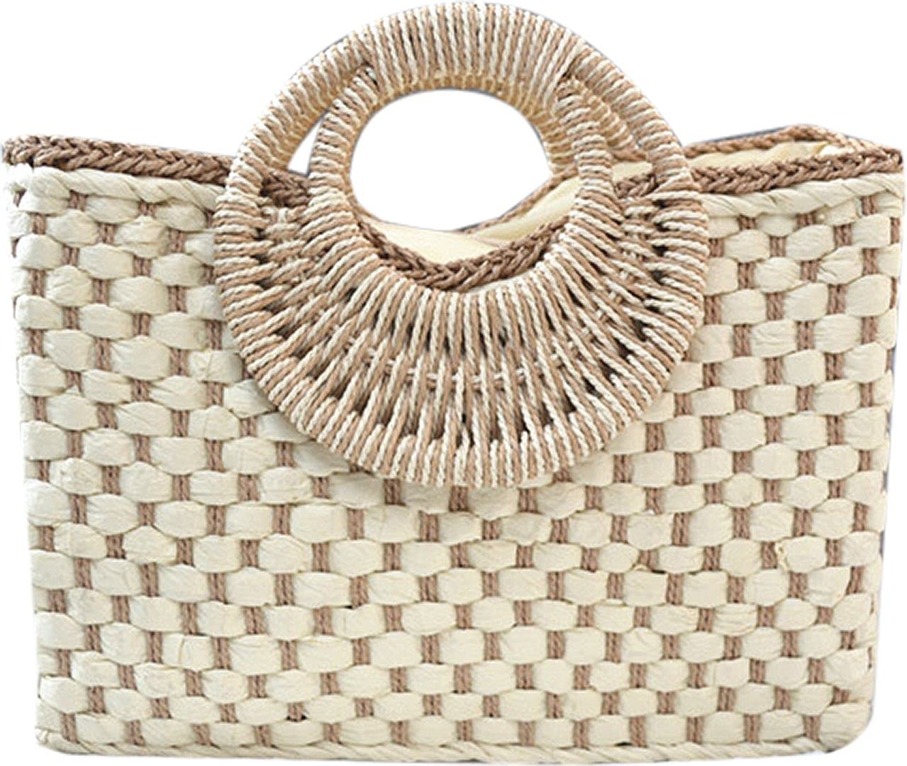 QZUnique Hand-woven Straw Bag Women Summer Beach Handbag Purse Retro Rattan Tote Clutch Travel Bag with Wood Round Top Handle