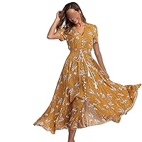 Bohemian Print Women's Summer Long Dress V-Neck Drawstring Short Sleeves Elegant Sundress with Buttons