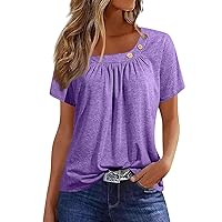 Summer Tops for Women Solid Color O-Collar Short Sleeve Button Shirts Fashion Pleated Lightweight Elegant Top