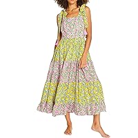 Women Summer Dresses 2024 Tie Shoulder Smocked Maxi Dress Sleeveless Boho Floral Printed Flowy Swing Party Sundresses