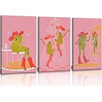 3 Pcs Pink Frog Wall Art Cute Dancing Makeup Cowgirl Shoes Wall Decor Preppy Disco Ball Preppy Canvas Poster Print Picture Painting Artwork for Dorm Dressing Room Girls Bedroom Living Room Powder room