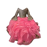 Mollybridal 2024 V Neck Ball Gown Ruffles Juliet Long Sleeves Pageant Prom Party Dresses for Toddler Little Girls Juniors