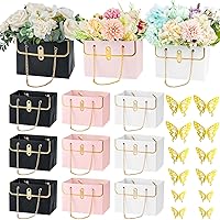 12 Pcs Flower Gift Bags Paper Bouquet Bags with Metal Chain, Bouquet Flower Boxes with 12 Pcs 3D Butterflies for Arrangements, Florist Supplies for Mothers Day Wedding Graduation Birthday Party