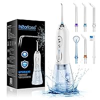Water Dental Flosser Portable Dental Oral Irrigator with 5 Modes, 6 Replaceable Jet Tips, Rechargeable IPX7 Waterproof Teeth Cleaner for Home and Travel -300ml Detachable Reservoir (HF-6)