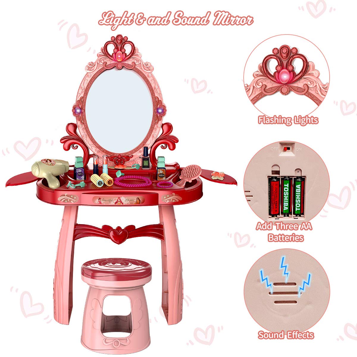 Meland Toddler Vanity Set - Kids Toy Vanity Table for Little Girls with Sound and Light Mirror and Beauty Accessories, Birthday Toys for Little Princess Pretend Play